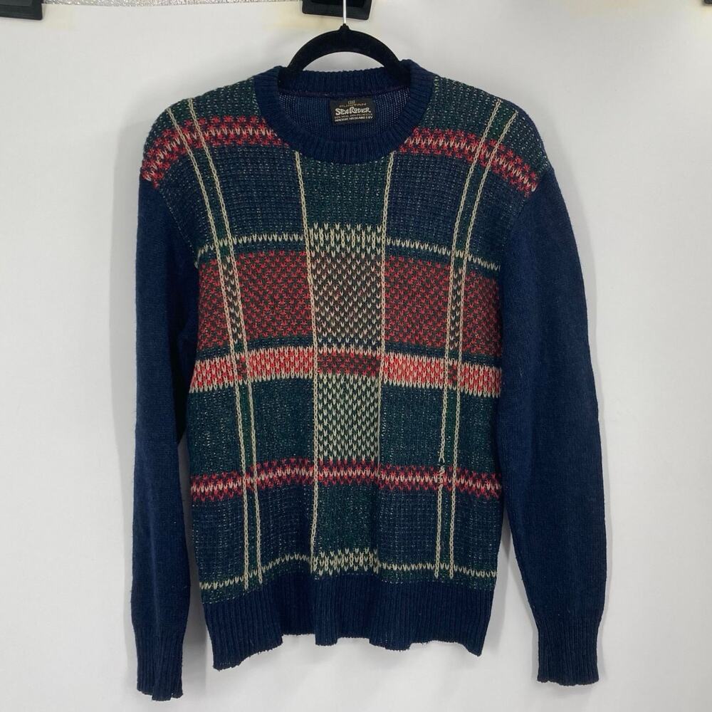 Vintage 90s Searover Puritan Wool Blend Tartan Navy Crew Neck Sweater Country M